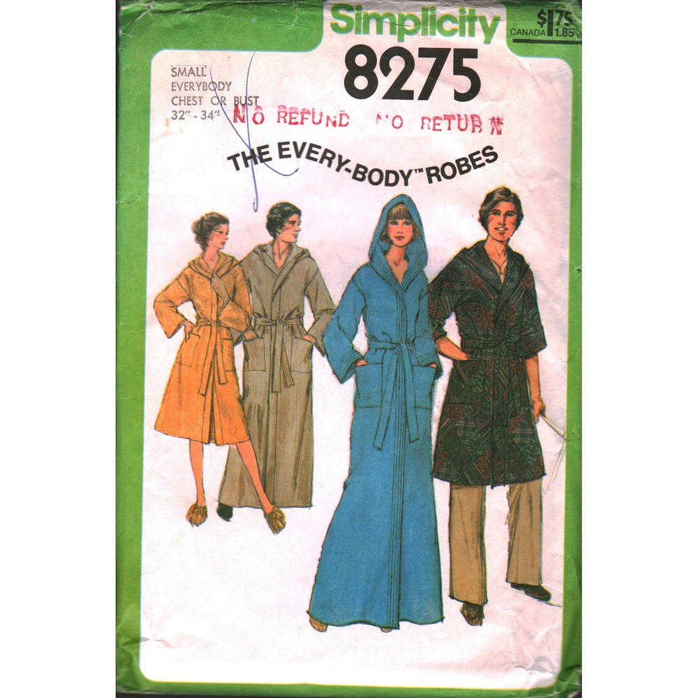 Vintage Simplicity 8275 Sewing Pattern Every-Body Robe Hooded Unisex Size Small